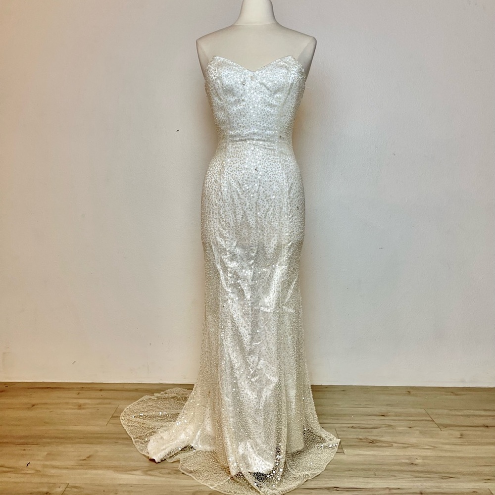 Vintage white strapless sequin beaded gown with train. Boned. JASMINE FORMALS